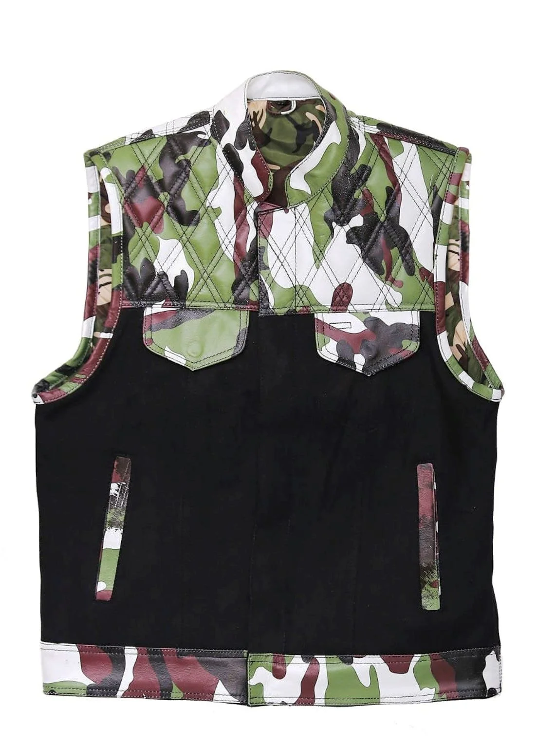 Men's Woodland Camo Diamond Quilted Leather Motorcycle Vest front, interior and back views