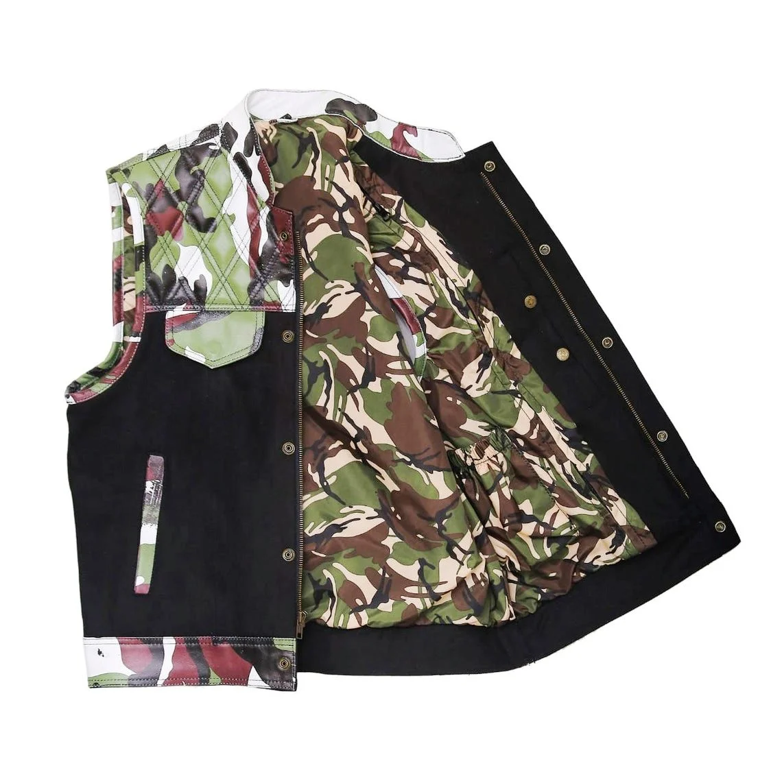 Men's Woodland Camo Diamond Quilted Leather Motorcycle Vest - Image 2