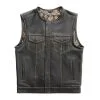 Men’s black leather vest with gold stitching and four front pockets