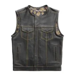 Men’s black leather vest with gold stitching and four front pockets