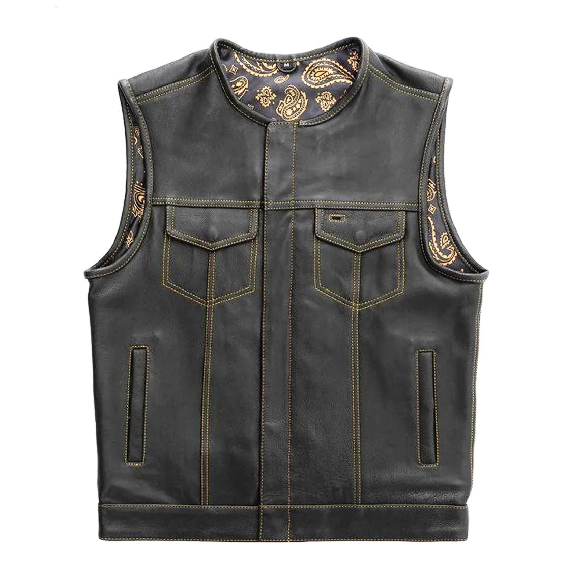 Men’s black leather vest with gold stitching and four front pockets