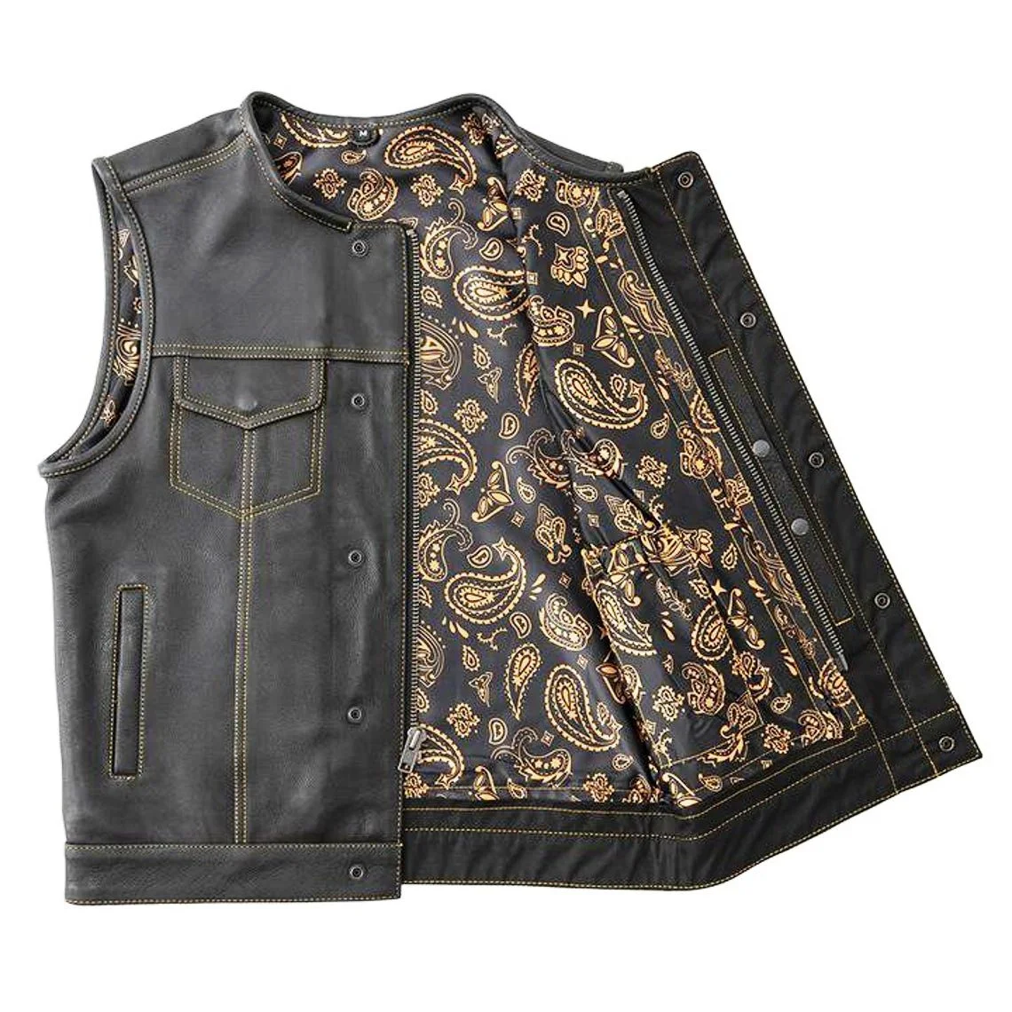 Men’s Black Leather Vest with Gold Contrast Stitching - Image 2