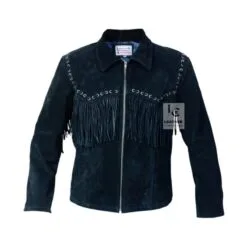 Men's black Western suede jacket with fringe and lace-up yoke