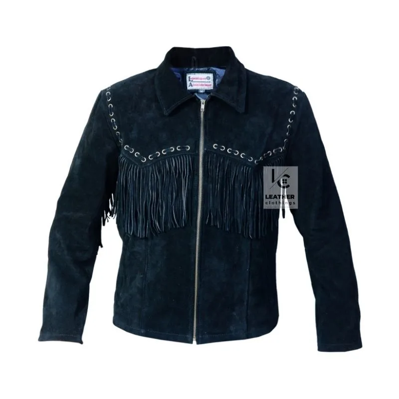 Men's black Western suede jacket with fringe and lace-up yoke
