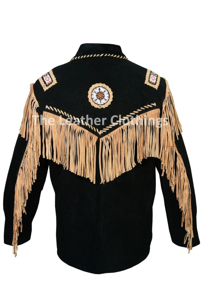 Native American Style Jacket With Fringes – Men’s Black Suede Western Jacket - Image 2