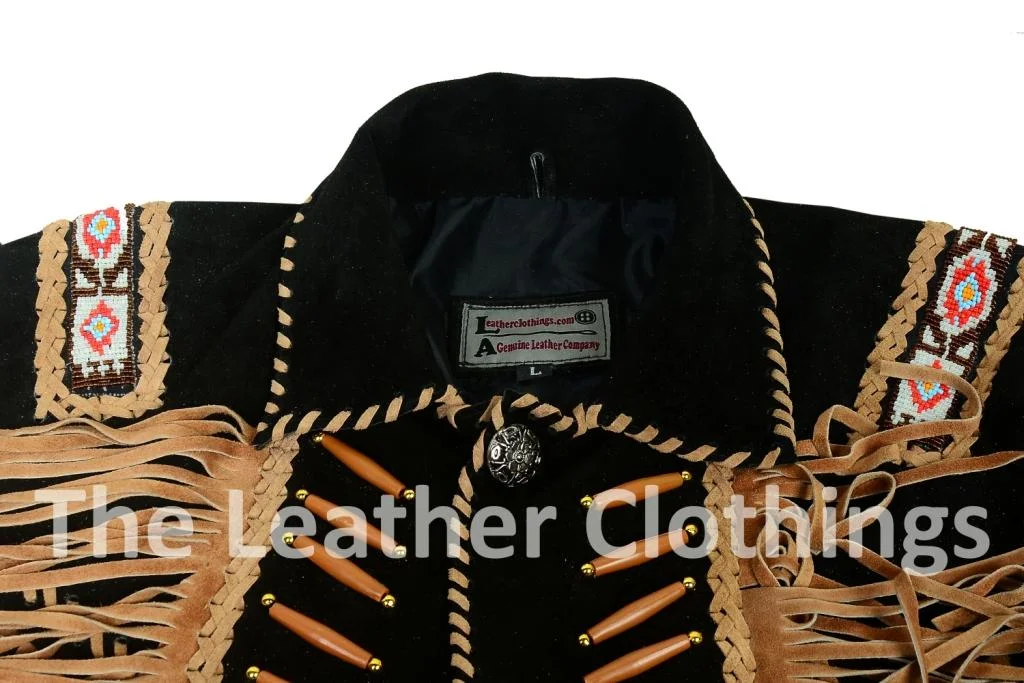 Native American Style Jacket With Fringes – Men’s Black Suede Western Jacket - Image 4