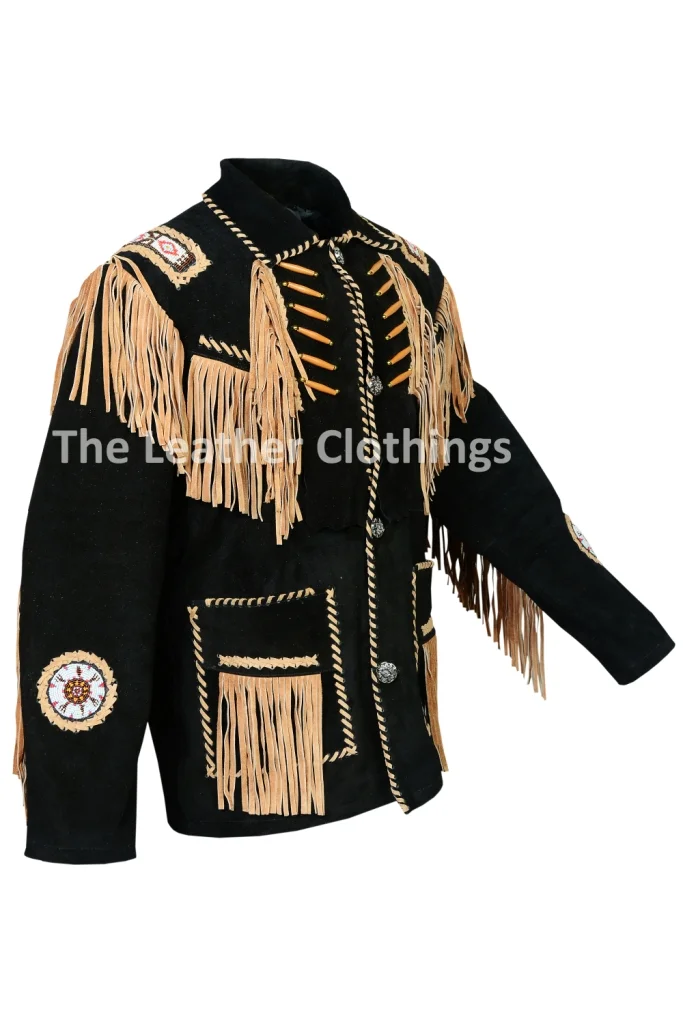 Native American Style Jacket With Fringes – Men’s Black Suede Western Jacket - Image 3