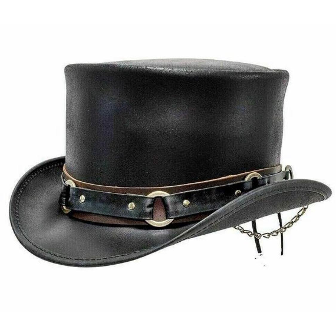 El Dorado Top Hat SR2 Band Steampunk Black Leather Biker Top Hat, SR2A