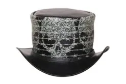Black leather top hat with skull and barbed wire artwork in gothic steampunk style