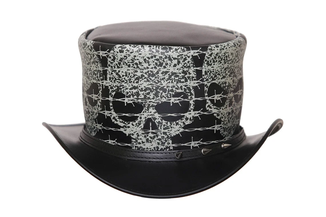 Black leather top hat with skull and barbed wire artwork in gothic steampunk style