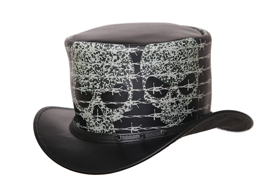 Black Leather Barbed Wire Skull Top Hat – Steampunk Gothic Hat - Image 2