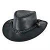 Black leather cowboy hat with braided band and snap strap detail