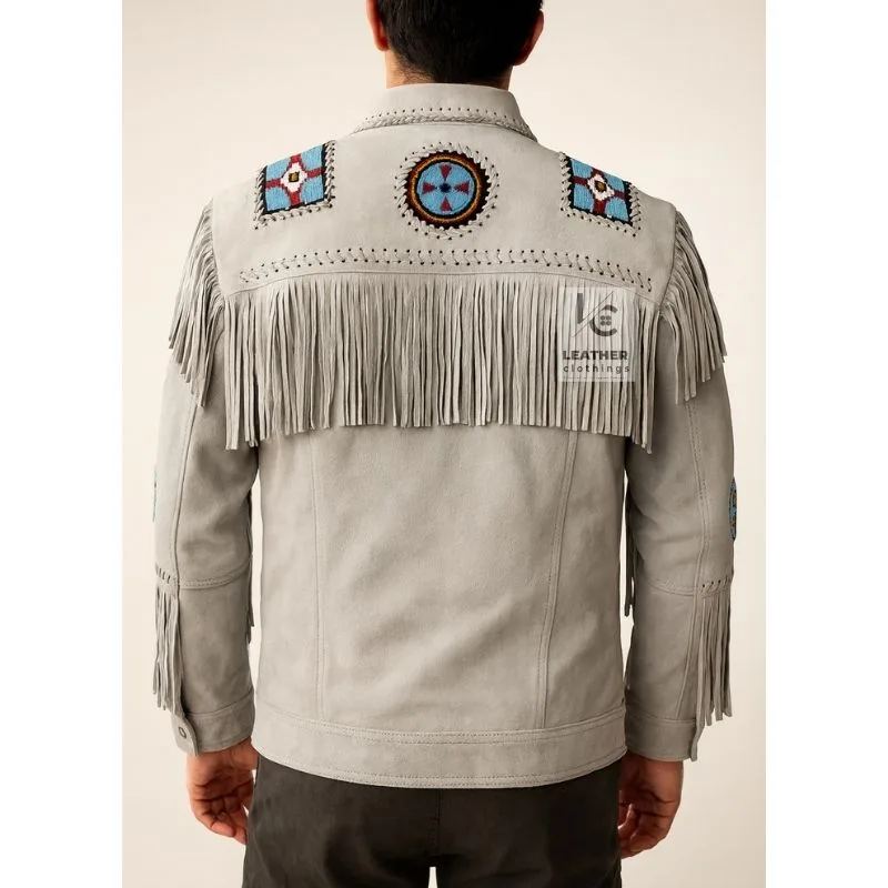 Men's Western Suede Jacket Eagle Beaded Design MSWJ22C Backside