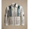 Men’s white suede fringe jacket with eagle beadwork and fringe detailing