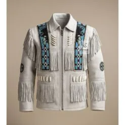 Men’s white suede fringe jacket with eagle beadwork and fringe detailing