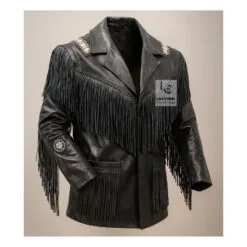 Men's black genuine leather fringe jacket with diagonal fringe, woven shoulder accents, and sleeve rosette applique
