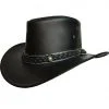 Black leather cowboy hat with braided band and stitched detail