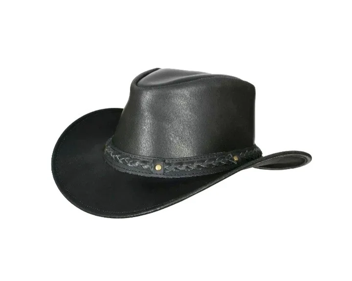 Black leather cowboy hat with textured band and wide brim