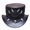 Flames Biker Leather Top Hat With Skulls Band, TH111
