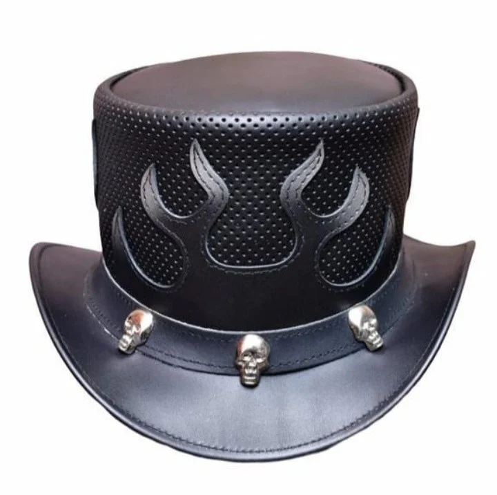 Black leather top hat with embossed flame design and skull-studded hatband