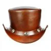 Waxed brown leather top hat with Buffalo nickel band and curved Western brim