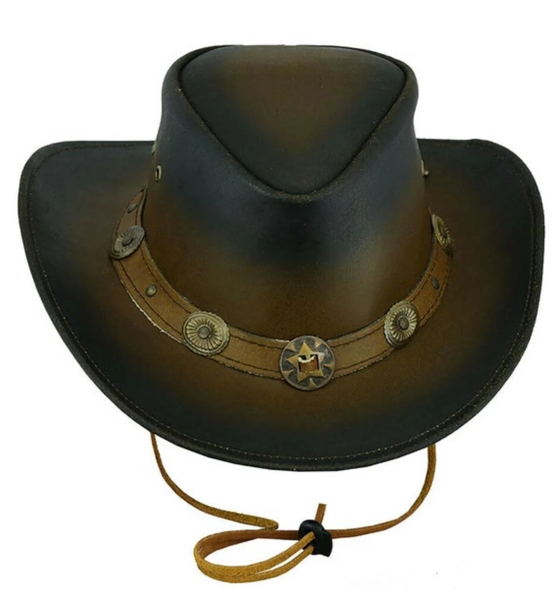 Dark brown leather cowboy hat with concho band and star centerpiece