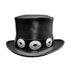 Slash Guns N’ Roses inspired black leather top hat for men with silver conchos – rockstar style steampunk hat by Leather Clothings