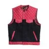 Men’s red and black leather vest with diamond quilted yoke and four pockets
