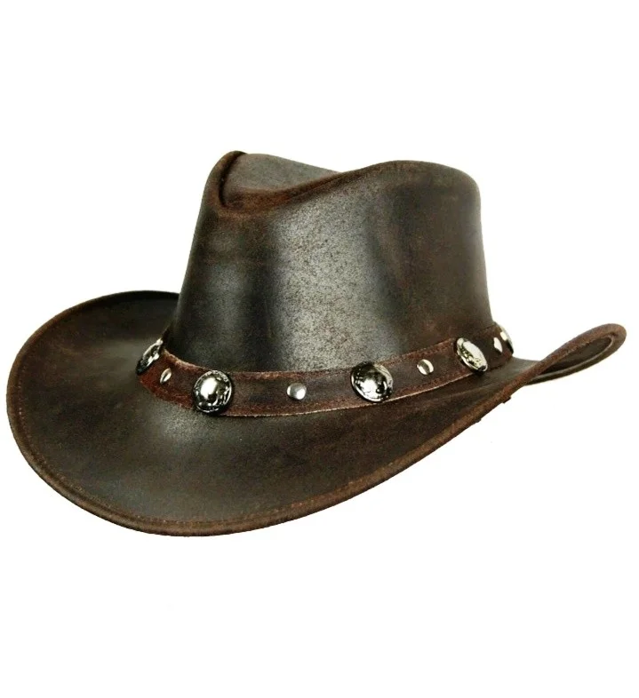 Brown leather cowboy hat with concho band and distressed finish