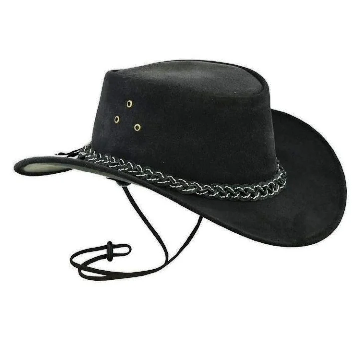 Black suede cowboy hat with braided band and chin strap