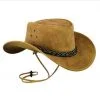 Tan suede cowboy hat with braided band and chin strap