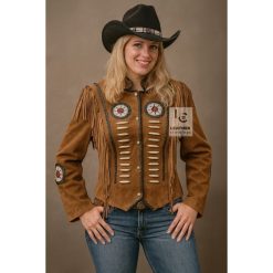 Women Western Cowgirl Brown Suede Military Style Jacket WSJ101