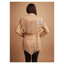 Women’s Beige Leather Cowgirl Western Jacket With Fringes And Bones WWLJ3