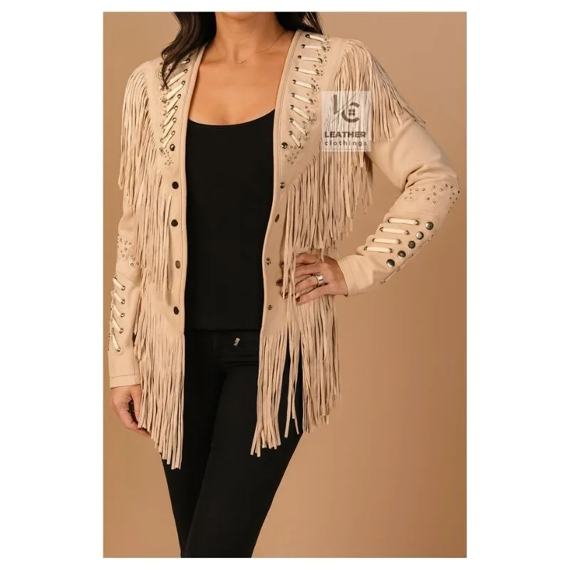 Beige Cowgirl Leather Jacket for Women – Handmade Western Fringe Coat with Decorative Bones and Studs