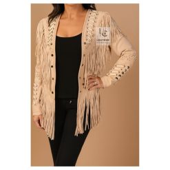 Women’s Beige Leather Cowgirl Western Jacket With Fringes And Bones WWLJ3