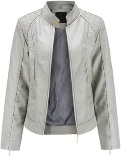 Women's Trendy Moto Short Fashion Leather Sheep Jacket Coat in Grey