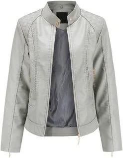 Women's Trendy Moto Short Fashion Leather Sheep Jacket Coat in Grey