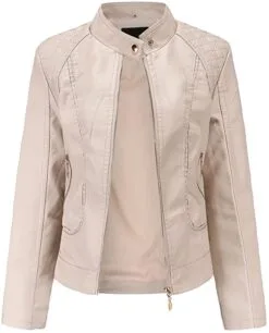 trendy off-white Women's Moto Short Fashion Leather Sheep Jacket coat