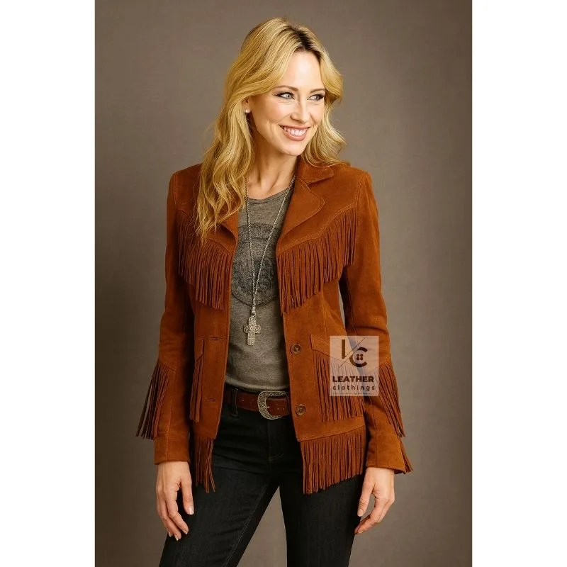 Women’s Orange Brown Western Suede Jacket With Fringes
