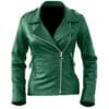 Women’s trendy green genuine sheep leather jacket with front zipper and fitted design