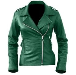 Women’s trendy green genuine sheep leather jacket with front zipper and fitted design