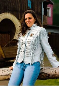 Women Western Cowgirl Grey Suede Jacket Military Style Jacket With Fringes & Beads, WSJ102