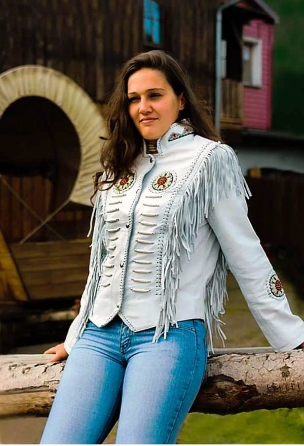 Women Western Cowgirl Grey Suede Jacket Military Style Jacket With Fringes & Beads, WSJ102