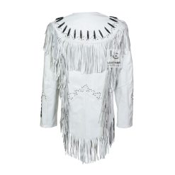 Women's Western White Suede Leather Jacket With Fringes, Bones & Beads