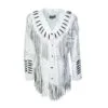Women's Western White Suede Leather Jacket With Fringes, Bones & Beads