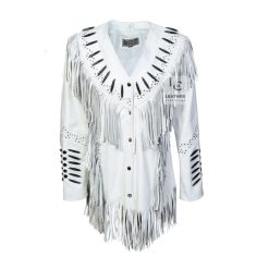 Women's Western White Suede Leather Jacket With Fringes, Bones & Beads