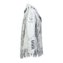 Women's Western White Suede Leather Jacket With Fringes, Bones & Beads