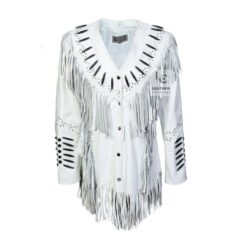 White Western Cowgirl Leather Jacket for Women – Long Fringe Beaded Bone Style Coat with Snap Buttons