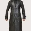 Men’s Black Leather Full-Length Trench Coat with notch lapel and button front