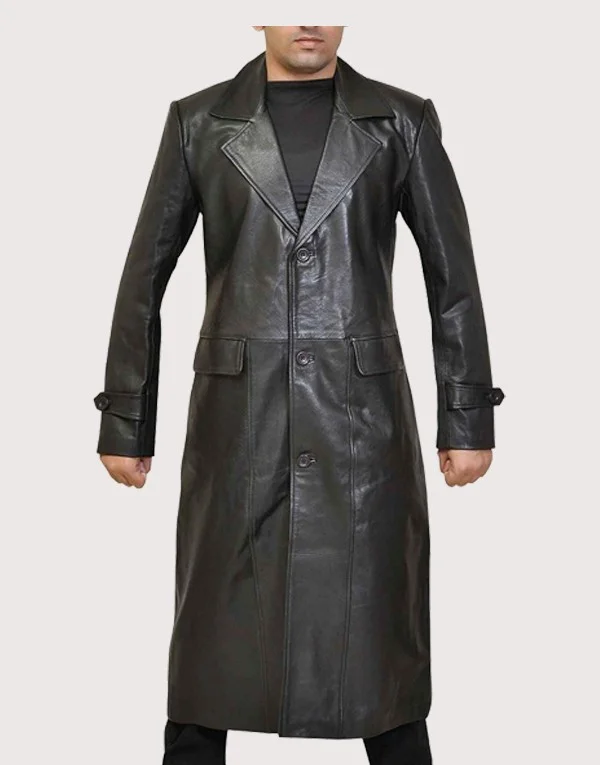 Men’s Black Leather Full-Length Trench Coat with notch lapel and button front